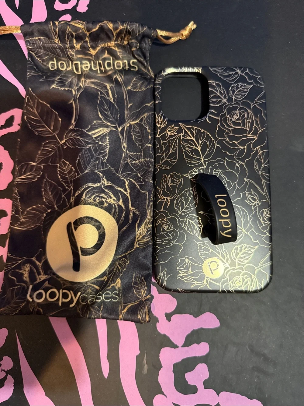 Loopy Case Black & Gold Floral iPhone Case with Loopy Grip and Pouch